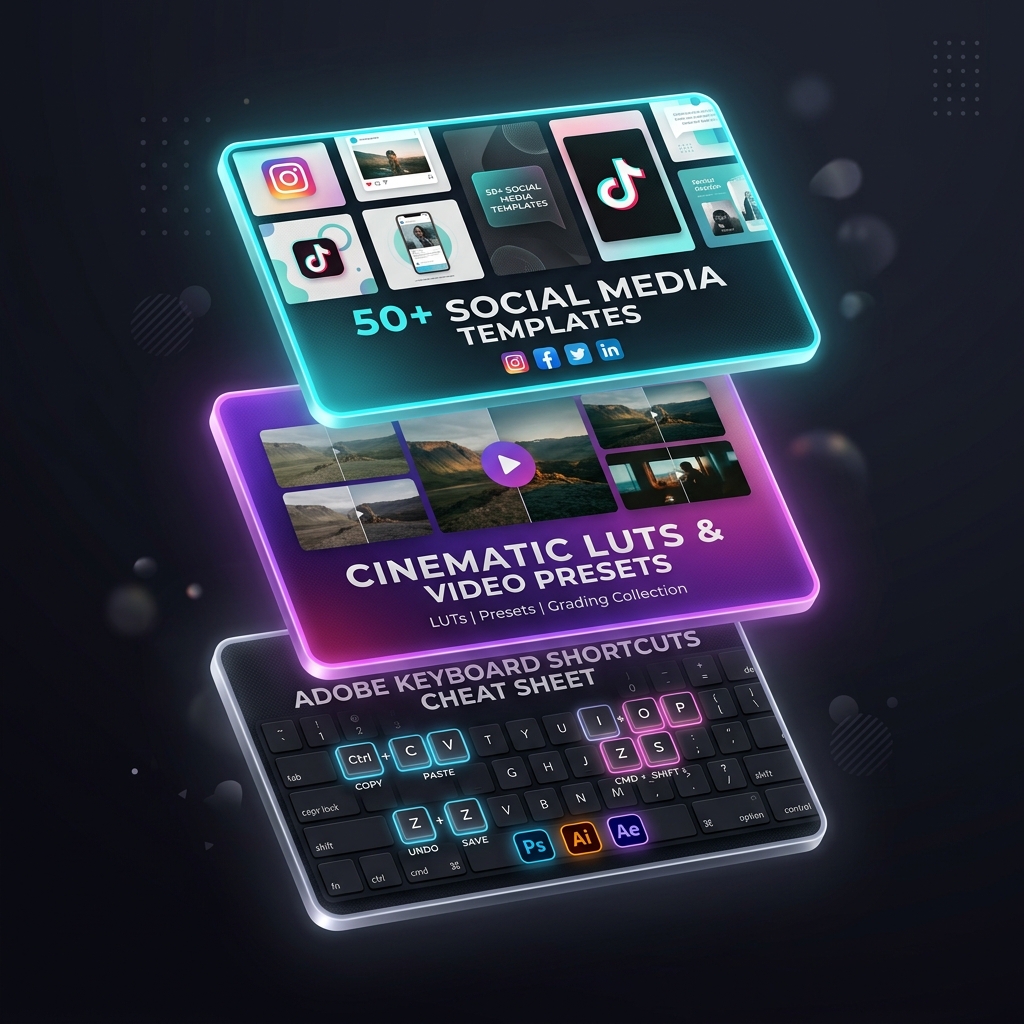 Creative Adobe Suite presets, mockups, LUTs and keyboard cheatsheet cards showcase