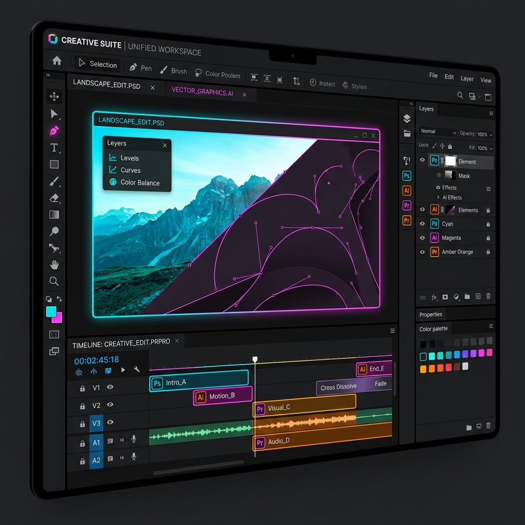 Adobe Creative Cloud Suite editing workspace mockup showing Photoshop layers, Illustrator shapes, and Premiere Pro video timeline